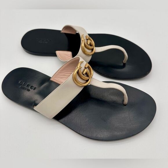 Gucci Marmont GG Thong Flat Sandals Flip Flops Mystic White Leather EU 39 US 9 - Picture 6 of 12